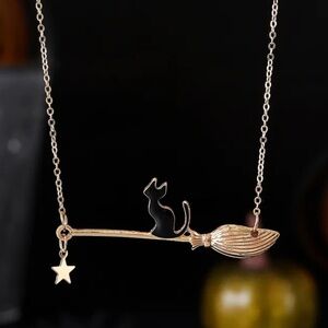 Binx Black Cat Riding Broomstick Star Charm Gold Tone Necklace Halloween Witch